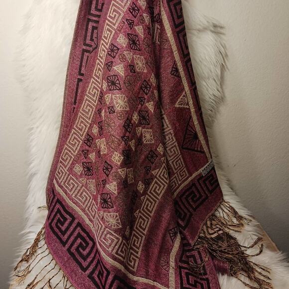 Pashmina EXOTIC Shoulder Wrap Shaw 68" x 25" Maroon & Gold LARGE Fringe Aztec - Picture 13 of 13